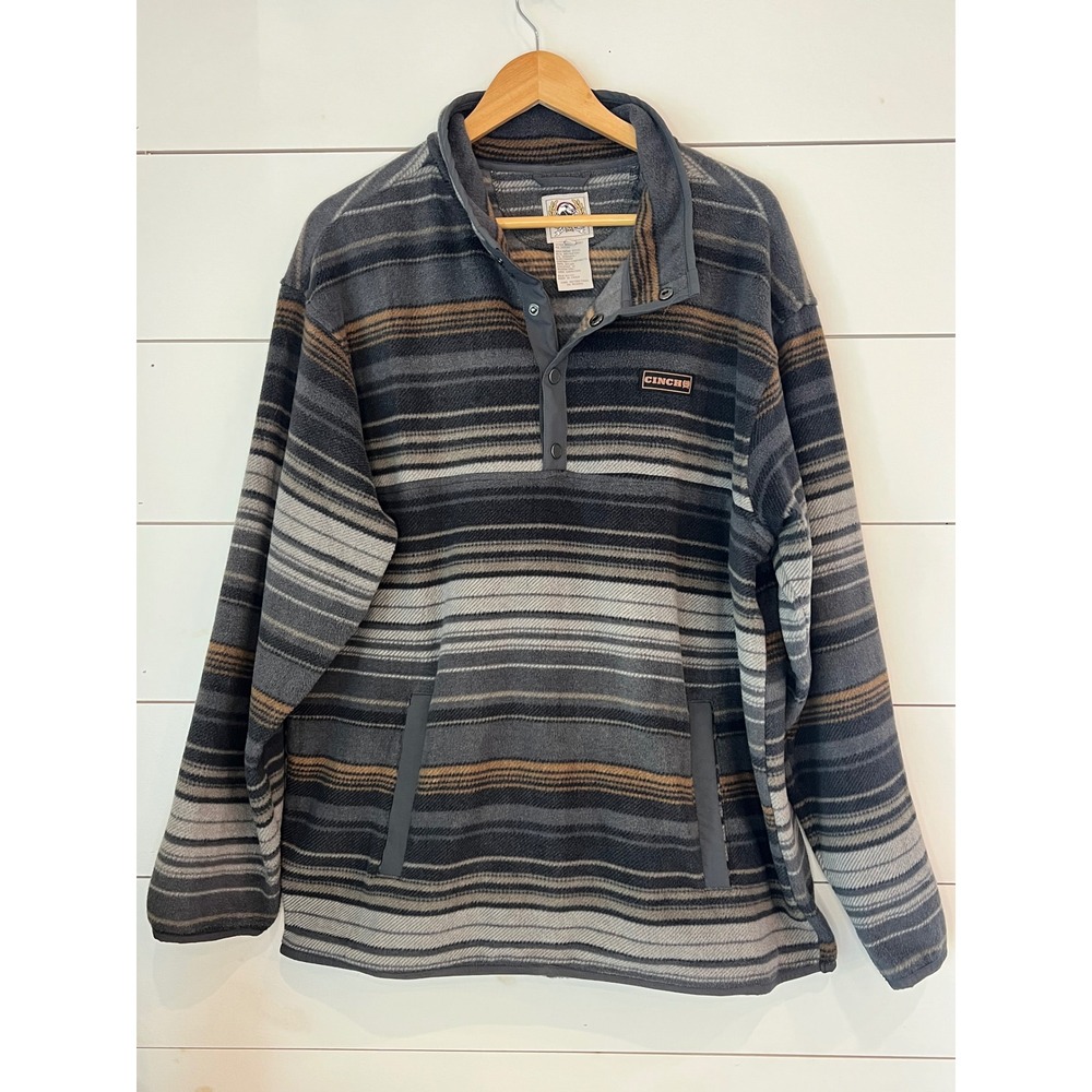 Cinch Men Fleece Pullover Striped Quarter Snap Sweater Grey Brown Large western